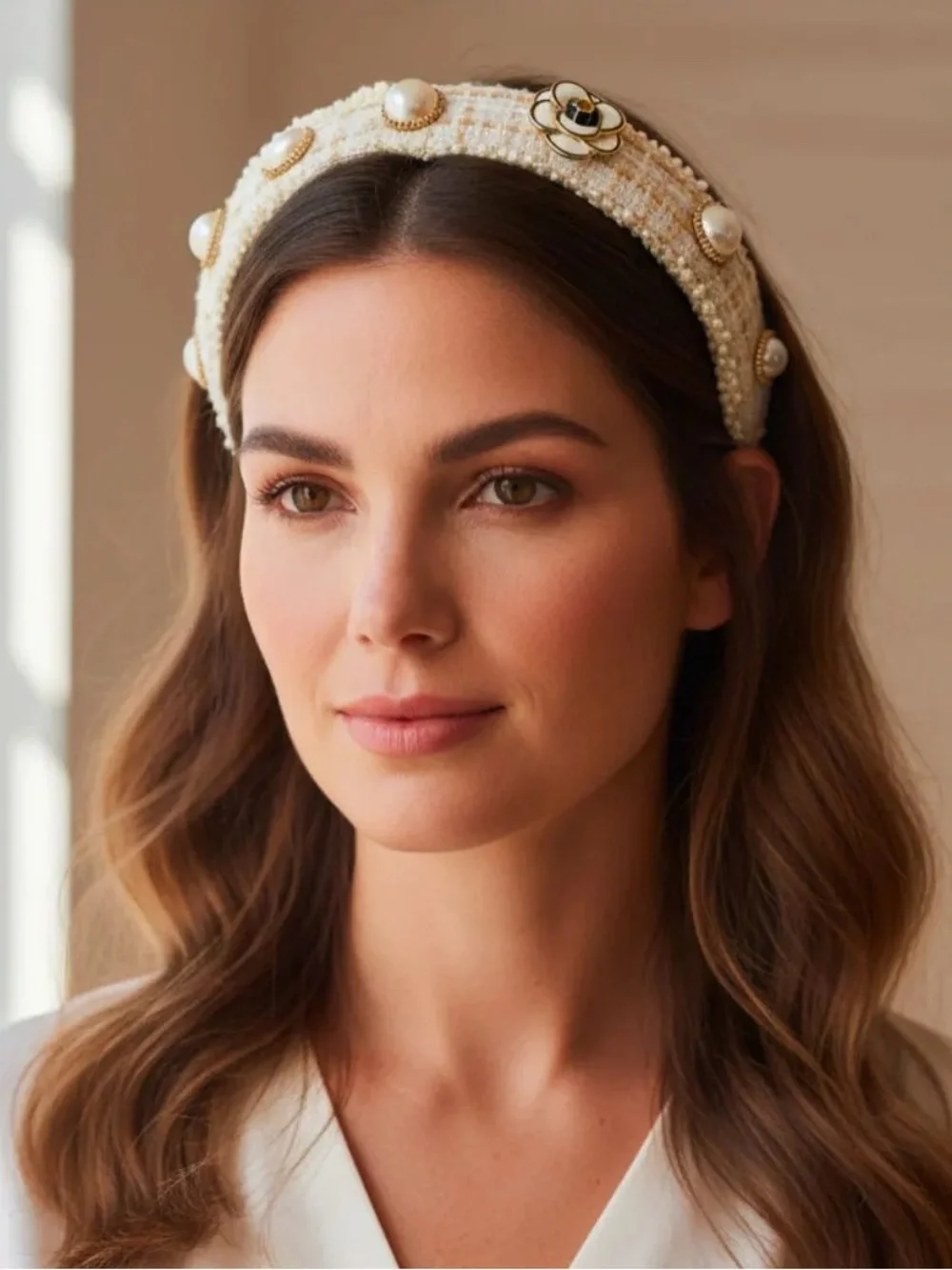 Elegant Cream Tweed Headband with Pearl and Floral Accents